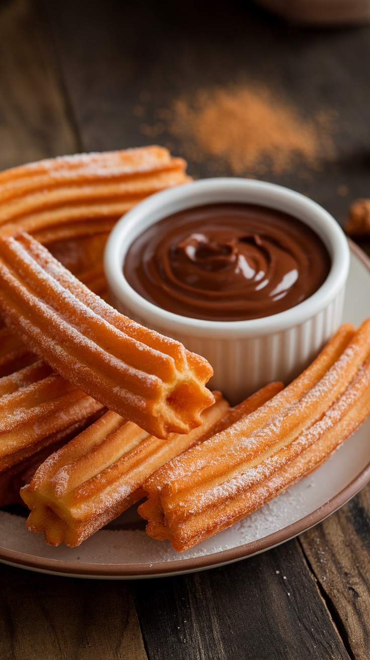 Golden churros coated in cinnamon sugar with a bowl of chocolate sauce on a rustic wooden table.